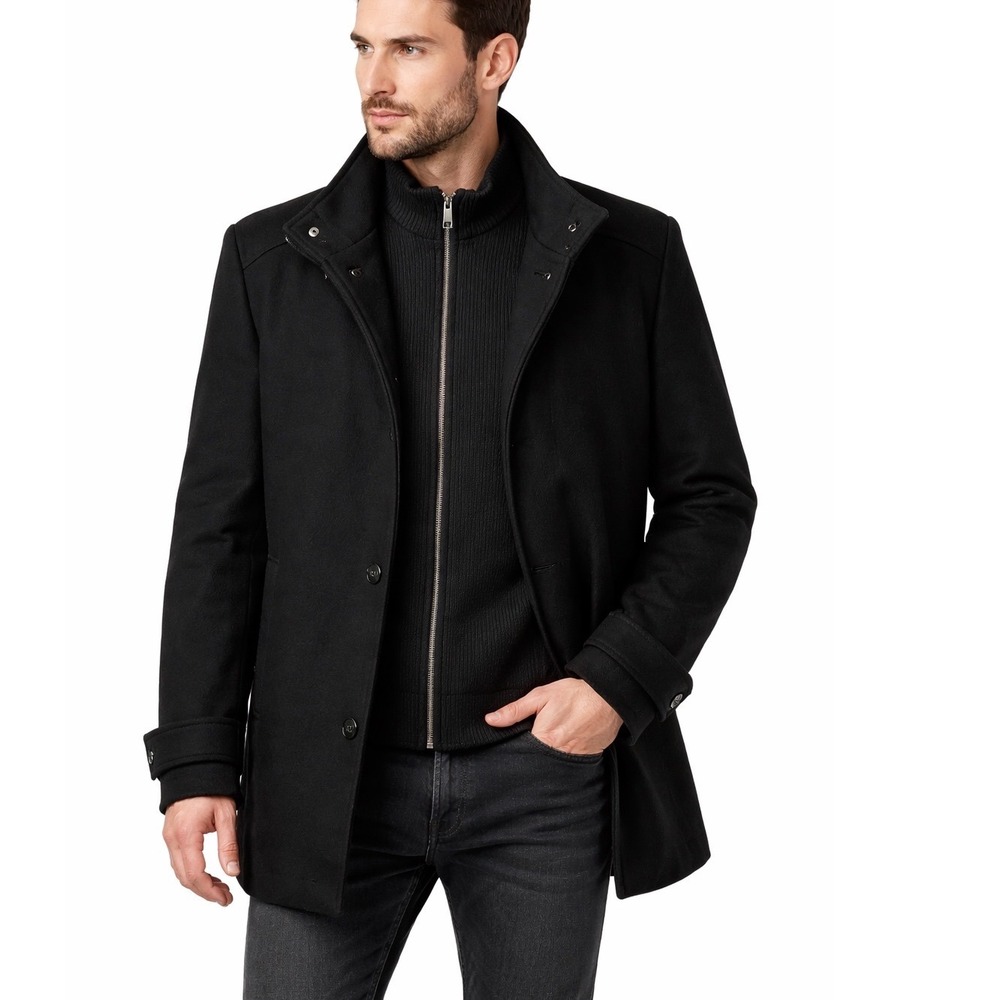 Marc New‎ York Andrew Marc Mens Black Wool Blend Car Coat Jacket with Bib Medium